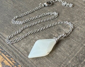 Moonstone Necklace, White Stone Pendant on Stainless Steel