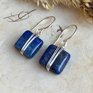 Lapis Earrings Silver Wire Wrapped Blue Gemstone Earrings Sterling Silver and Blue Earrings image 4