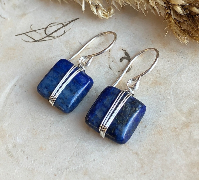 Lapis Earrings Silver Wire Wrapped Blue Gemstone Earrings Sterling Silver and Blue Earrings image 4