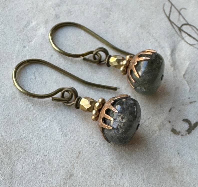 Spiky Capped Moss Aquamarine Earrings, Green Gemstone Antiqued Brass Earrings image 4