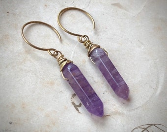 Double Point Amethyst Earrings, Purple Earrings on Brass Hoops