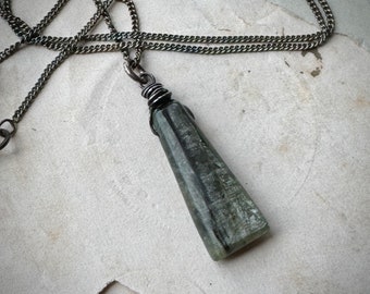 Dark Green Kyanite Necklace, Kyanite Pendant on Dark Oxidized Silver