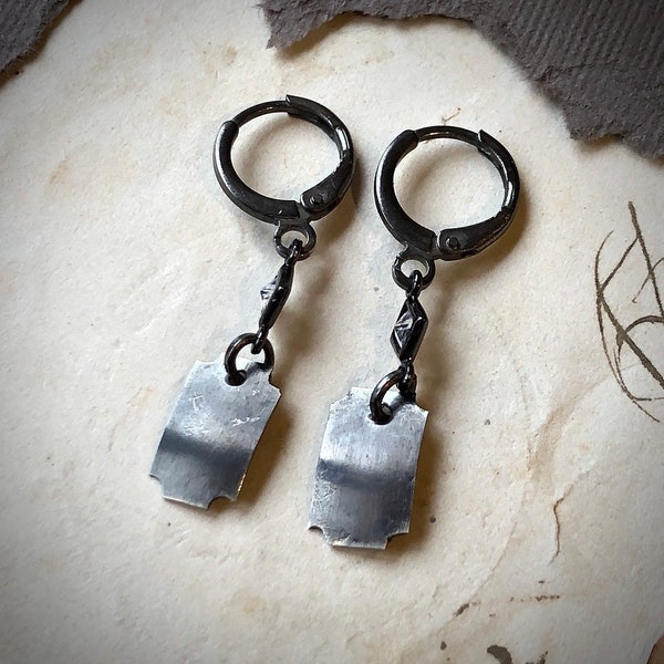 Dark Sterling Silver Octagon Earrings with Cubic Zirconia on Oxidized Silver Hoops