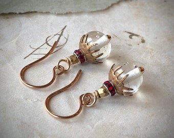 Dainty Claw Earrings, Clear Glass Red Crystal Spiky Earrings on Bronze