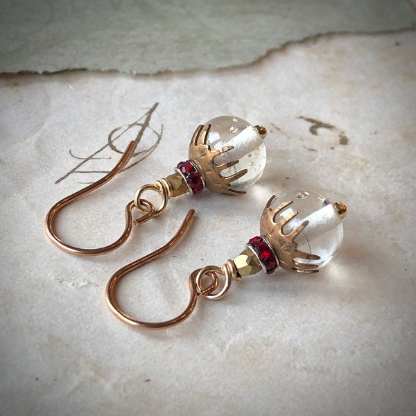 Dainty Claw Earrings, Clear Glass Red Crystal Spiky Earrings on Bronze
