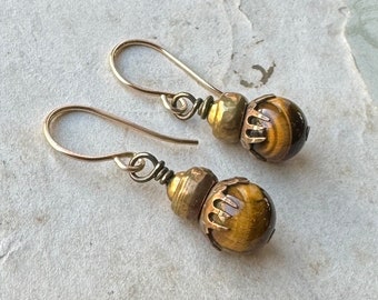 Rustic Brass and Tigereye Earrings with Spikey Caps on Gold