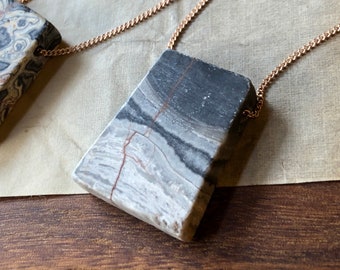 Picasso Jasper Necklace, Black and Gray Jasper Pendant on Rose Gold