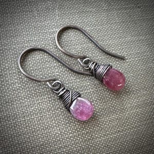 Tiny Pink Tourmaline Earrings, Pink Gemstone Teardrop Earrings on Sterling Silver