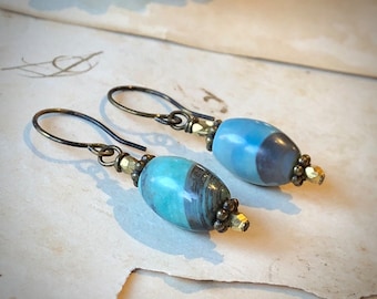 Blue Agate Bead Earrings, Terra Agate Earrings, Blue Stone Earrings