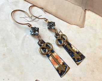 Recycled Tin Vintage Brass Key Charm Earrings, Antique Brass and Blue Earrings, Romantic Nostalgic Jewelry