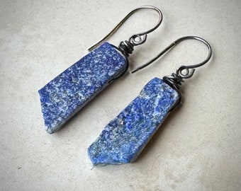 Rough Lapis Earrings, Blue Gemstone Earrings, Raw Lapis Lazuli on Oxidized Sterling Silver Earrings