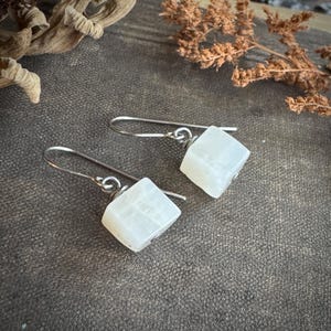 White Moonstone Cube Earrings, Simple White Stone Earrings