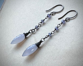 Light Blue Gemstone Earrings, Blue Chalcedony Tanzanite Drop Earrings