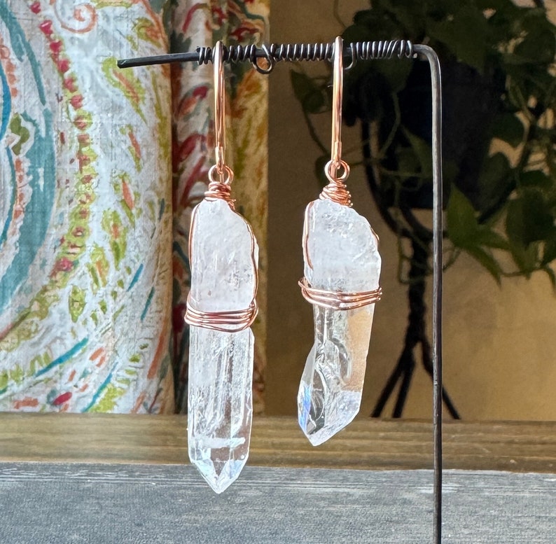 Quartz Point Earrings, Rustic Clear Quartz Crystal Point, Copper and Rose Gold Earrings image 4