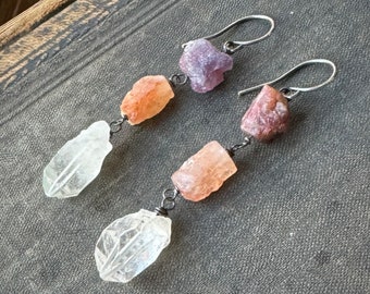 Rough Gemstone Nugget Earrings on Antiqued Sterling Silver, Raw Pink Tourmaline, Sunstone, Lepidocrocite