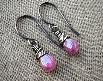 Tiny Pink Tourmaline Earrings, Pink Gemstone Teardrop Earrings on Sterling Silver