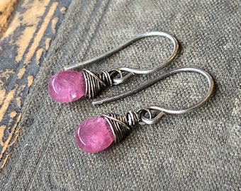 Tiny Pink Tourmaline Earrings, Pink Gemstone Teardrop Earrings on Sterling Silver