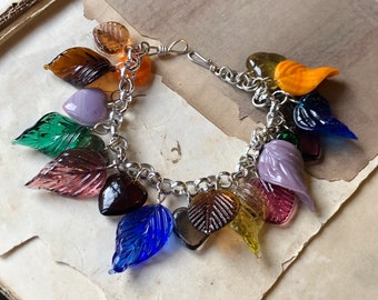 Bright Fall Color Glass Leaf Charm Bracelet, Silver Wine and Green Bracelet