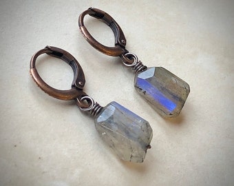 Labradorite Earrings, Faceted Rectangle Gray Gemstone Bead Earrings, Antique Copper Hoop Leverback Earrings