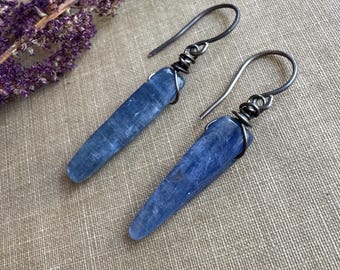 Kyanite Stick Earrings, Antique Silver Blue Kyanite Crystal, Blue Stone Earrings