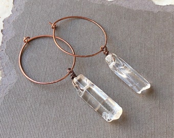 Quartz Hoop Earrings, Rustic Clear Quartz Crystal Point, Antiqued Copper Hoop Earrings