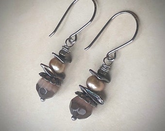 Bead Stack Earrings, Latte Pearls, Cats Eye Glass Bead Earrings