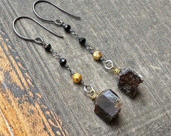 Black Tourmaline Earrings, Rough Crystal, Dark Sterling Silver with Gold