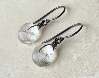 Clear Faceted Wheel Bead Earrings, Tourmalinated Quartz Earrings, Antiqued Sterling Silver Earrings