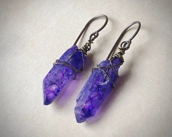 Primitive Purple Quartz Earrings, Bright Purple Rustic Bronze Wrap Earrings