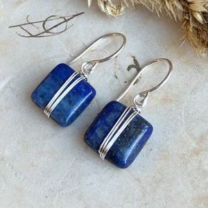 Lapis Earrings Silver Wire Wrapped Blue Gemstone Earrings Sterling Silver and Blue Earrings image 2