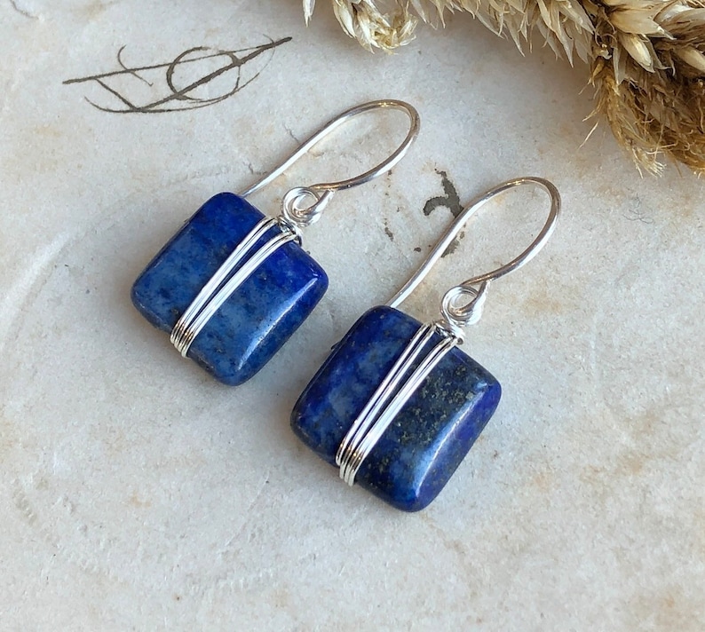 Lapis Earrings Silver Wire Wrapped Blue Gemstone Earrings Sterling Silver and Blue Earrings image 2