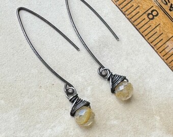 Tiny Onion Bead Earrings, Dendritic Topaz Earrings on Oxidized Sterling Silver, Black Steel