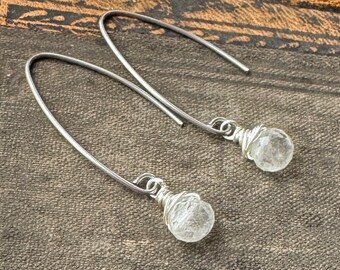 Tiny Topaz Earrings on Long Stainless Steel Hoops