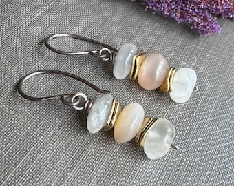 Multi Moonstone Earrings, Mixed Metal Gemstone Bead Stack Earrings