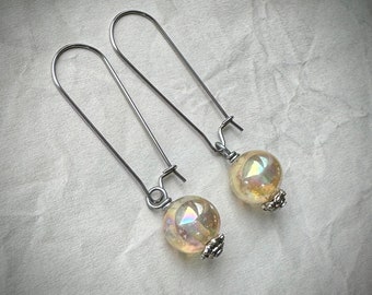 Crystal Ball Earrings, Vintage Glass Bead, Iridescent Luster Glass Earrings