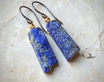 Lapis Lazuli Earrings, Blue Gemstone Earrings, Mixed Metal Rough Stone Earrings, Raw Lapis Gold and Oxidized Sterling Silver Earrings