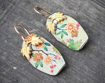 Distressed Tin Charm Earrings, Floral Earrings with Brass Gold Leaf Charms