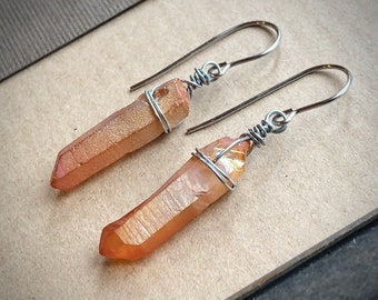 Peachy Orange Crystal Earrings, Stainless Steel Drop Earrings, Peach Quartz Point Earrings