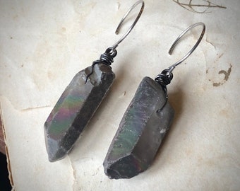 Big Iridescent Black Quartz Crystal Earrings on Stainless Steel, Black Crystal Ear Hangers