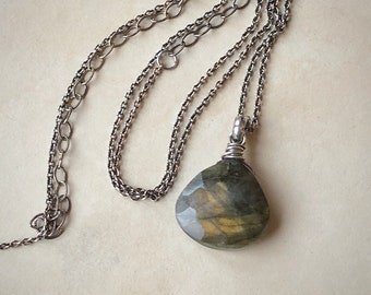 Flashy Labradorite Necklace, Sterling Silver Necklace, Labradorite Teardrop Pendant, Unisex Necklace