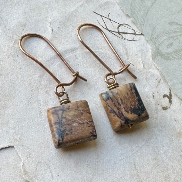 Brown and Black Picasso Jasper Earrings, Square Stones on Kidney Ear Wires