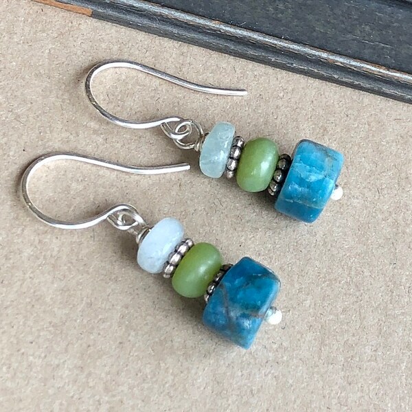 Gemstone Bead Stack Earrings, Apatite, Aquamarine, Green and Blue Gemstone Earrings