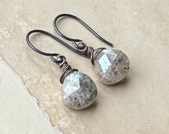 Black Moonstone Earrings, Black and White Stone Earrings on Antiqued Sterling Silver