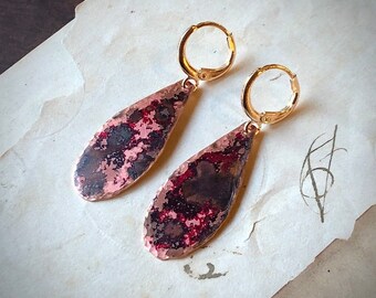 Red Patina Copper Earrings, Teardrop Charm Earrings, Rustic Copper Rose Gold Huggie Hoops