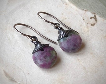 Ruby in Kyanite Earrings, Wire Wrapped Gemstone Pink Blue Earrings, Antiqued Sterling Silver with Black Steel