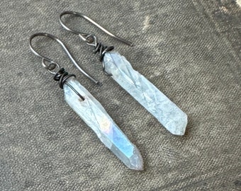 Blue Aura Quartz Crystal Earrings, Dark Sterling Silver Earrings