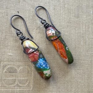 Impression Jasper Earrings, Rustic Stick Colorful Gemstone Boho Earrings