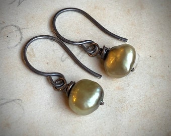 Olive Green Pearl Earrings, Freshwater Pearl Antiqued Sterling Silver Green Earrings