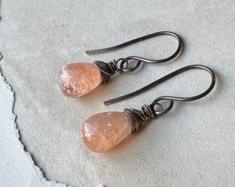 Light Sunstone Earrings on Antiqued Sterling Silver