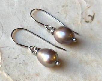 Silver Gray Pearl Earrings, Freshwater Pearl Earrings on Stainless Steel